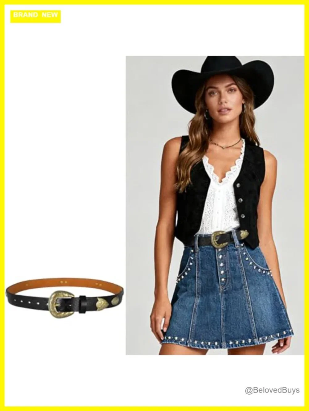 Women's Faux Leather Western Belt with Vintage Buckle for Jeans